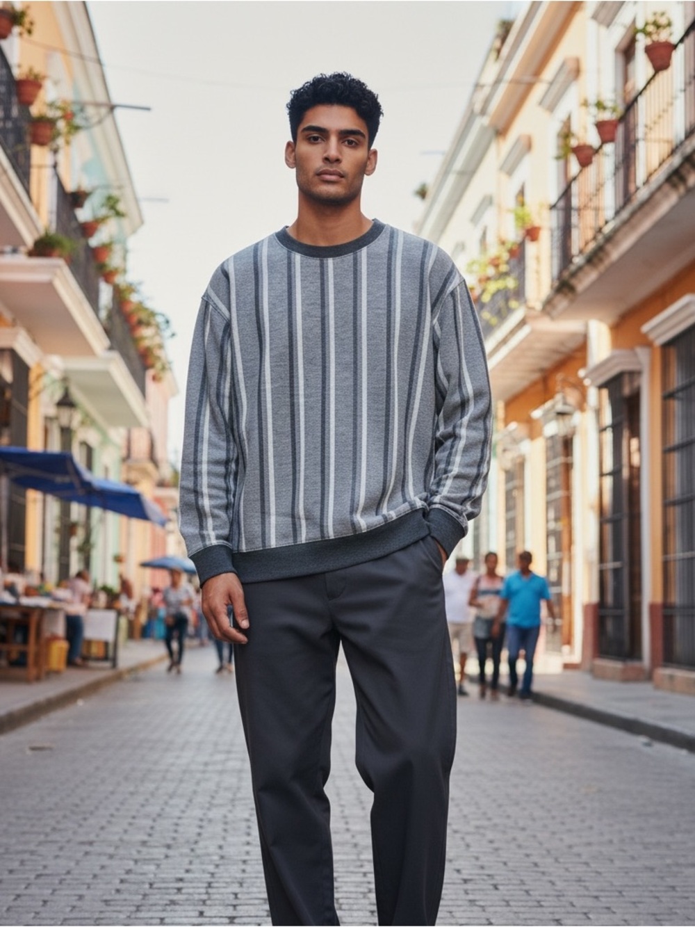 O. N. S. - Grey Striped Angelo Crew Sweatshirt with side zippers on both sides
